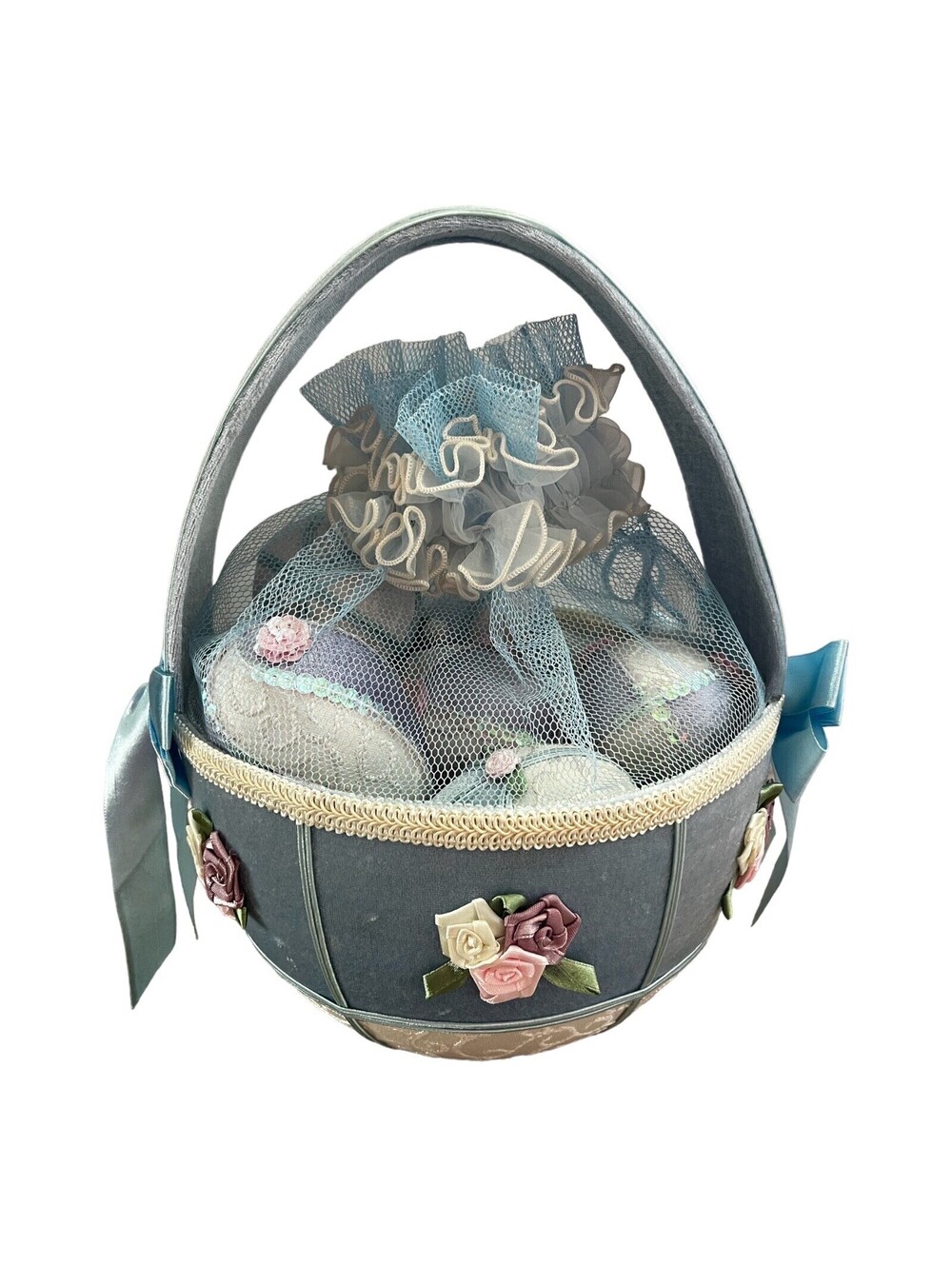 Velvet Fabric Ribbon Lace Easter Eggs in Velvet Floral Basket Blue Artisan Made